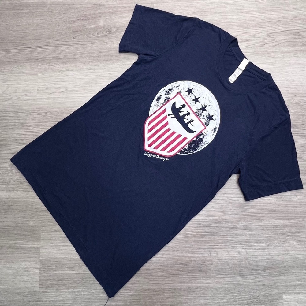 Logboat Brewing Co Navy Blue Tri-Blend Graphic T-Shirt Mens Small Shield Canoe